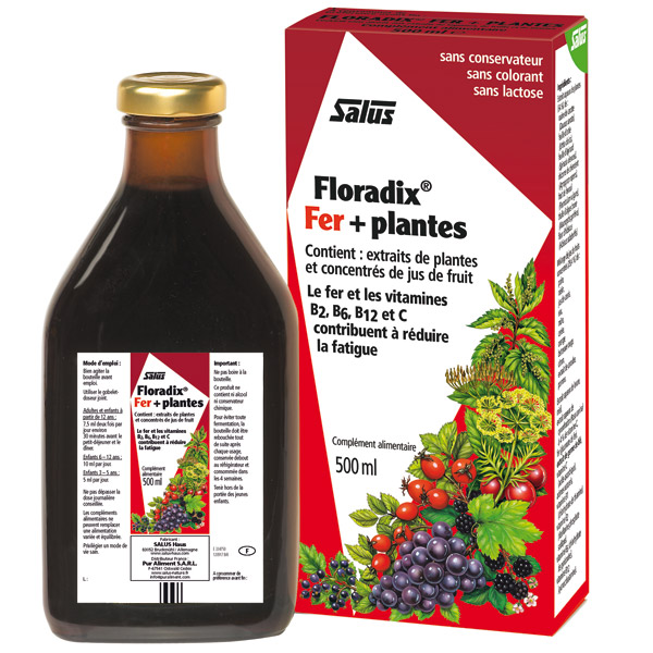 Floradix - Fer + Plantes mélangé à des extraits de fruits et de plantes le fer est bien assimilé et bien toléré digestivement